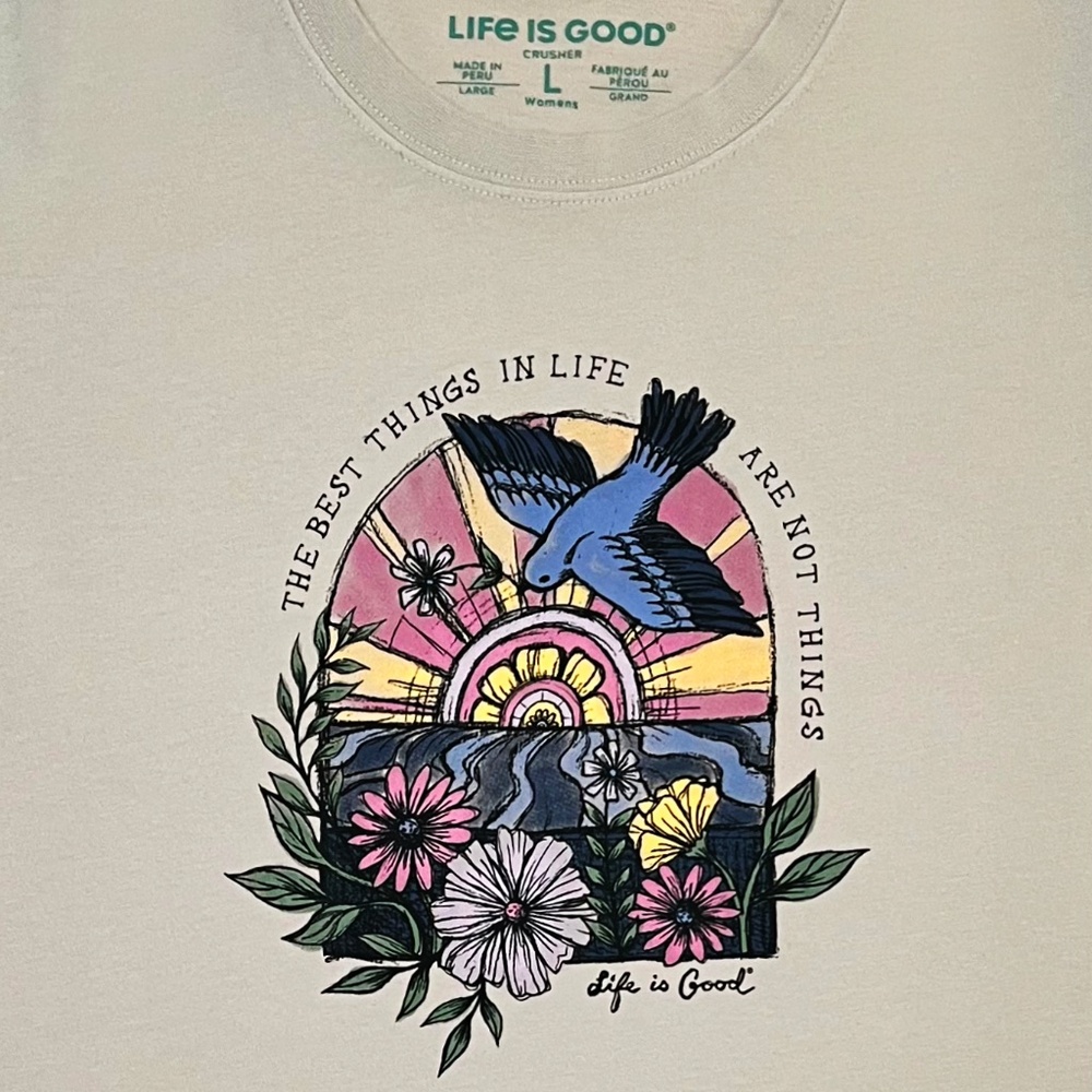 Life is Good Women's Dreamy Floral Bird Sunrise Best Things Crusher T